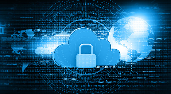 Cloud security. Internet technology. Futuristic background. 3d illustration