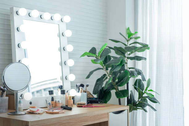 istock Table with a mirror bulbs at make up room 1479974066