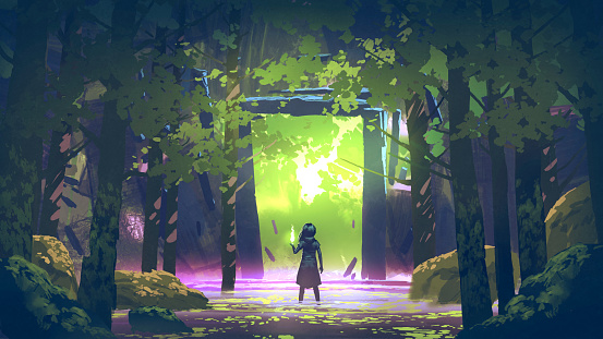 a girl standing in the forest cast a spell in front of the magic entrance,  digital art style, illustration painting