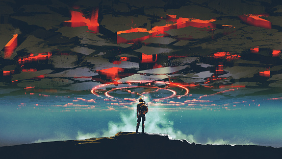 futuristic man standing on the rock and looking at the large glowing symbol on the ground of the upside down world, digital art style, illustration painting