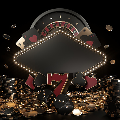 Black, Red And Golden Casino Sign, Roulette Wheel, Chips, Dices, Cards And Coins On Black Background. Empty Space For Logo Or Text.