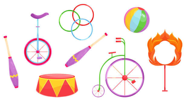 ilustrações de stock, clip art, desenhos animados e ícones de bright vector illustration set of circus equipment, accessories for circus, for circus performance - the purfleet