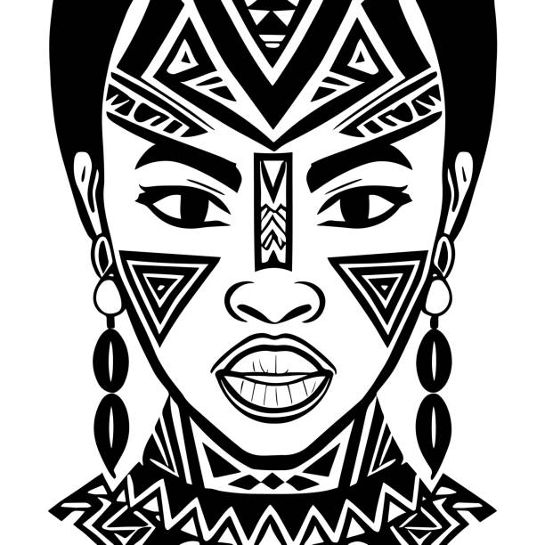 African tribal portrait of black woman in ancient clothes and jewelry. Monochrome drawing. Vector illustration isolated on a white background. Print, poster, t-shirt, card. African tribal portrait of black woman in ancient clothes and jewelry. Monochrome drawing. Vector illustration isolated on a white background. Print, poster, t-shirt, card. african tribe stock illustrations