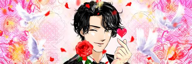 Shoujo manga-style wide-size illustration of a black-haired perm handsome boy inviting with a wink and finger heart with a red rose in one hand. Shoujo manga-style wide-size illustration of a black-haired perm handsome boy inviting with a wink and finger heart with a red rose in one hand. k pop stock illustrations