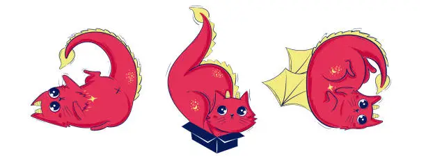 Vector illustration of Printable Red Dragoncat Collection