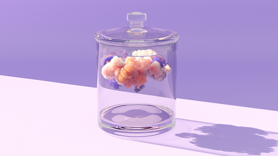 Cloud in a covered glass jar, CGI.