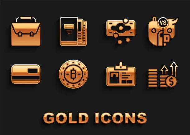 Vector illustration of Set Bitcoin, Bull and bear of stock market, Financial growth dollar, Identification badge, Credit card, Stacks paper money cash, Briefcase and Office folders icon. Vector