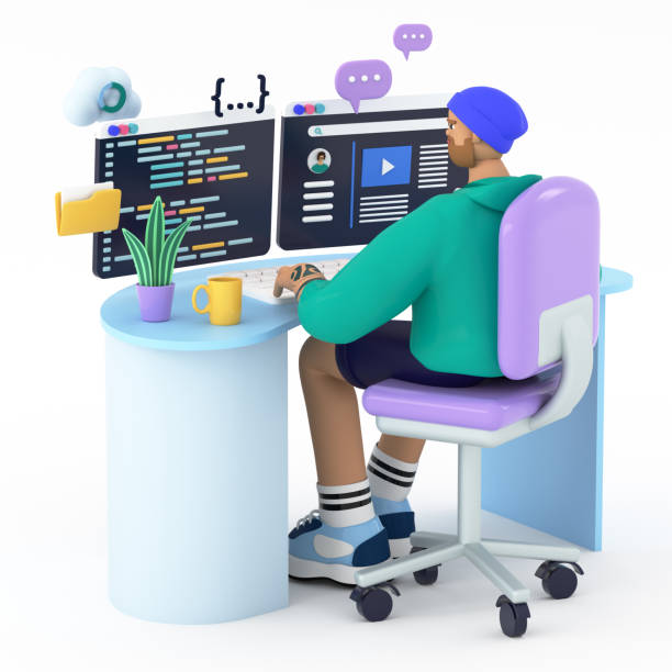 Programmer or developer sitting at the desk and coding or programming. 3d rendering illustration. IT engineer communicate with team, researching and working on two computer monitors programador o desarrollador sentado en el escritorio y codificando o programando. ilustración de renderizado 3d. el ingeniero de ti o el gerente de proyecto se comunican con el equipo, investigando y trabajando en dos monitores de computadora