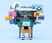 Programmer or developer sitting at the desk and coding. 3d rendering illustration. IT engineer or project manager communicate with team, researching and working.  Software development concept.