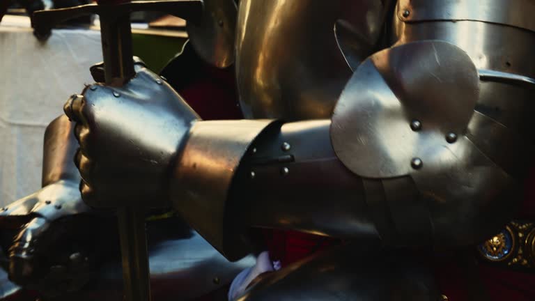 close-up detail of a medieval knight wearing armor from the medieval era