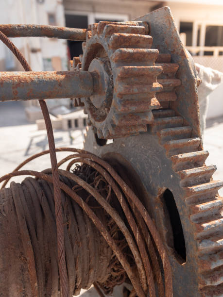 istock Closeup image of old rusty winch at sea port docks 1479987523