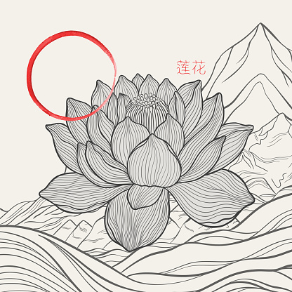 Freehand of a lotus with thin graceful lines against a mountain landscape and Enso zen. Lotus flower luxury design template poster. Vector illustration.