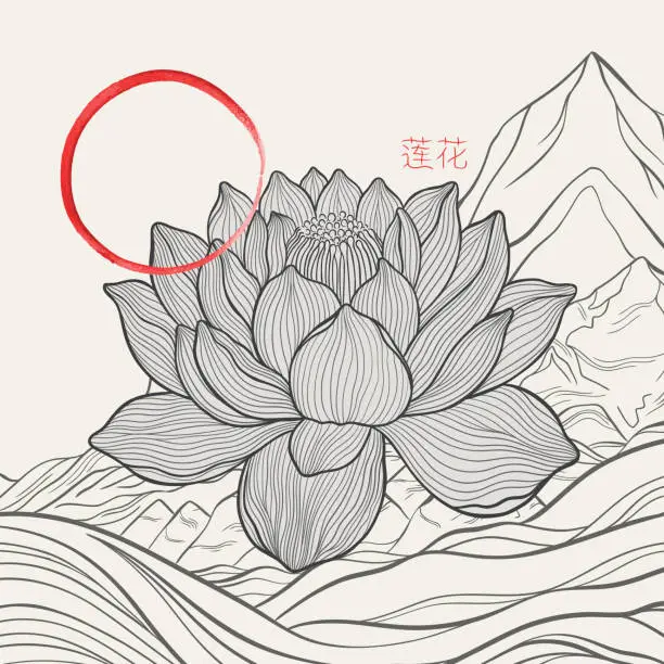 Vector illustration of Freehand of a lotus with thin graceful lines against a mountain landscape and Enso zen. Lotus flower luxury design template poster.