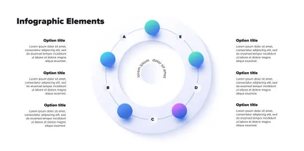 Vector illustration of Business process chart infographics with 5 step spheres. Round workflow graphic elements. Company flowchart presentation slide. Vector info graphic in isometric design