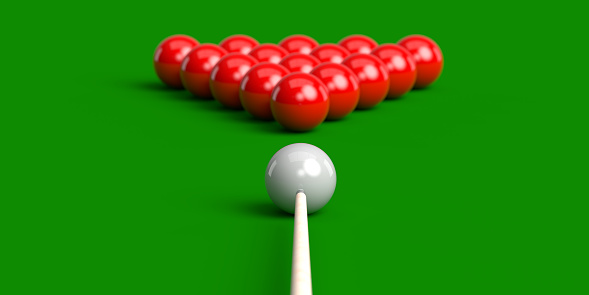 Snooker concept: Snooker cue hits white on 15 red balls over green pool table background with copy space. Horizontal 3D illustration composition design.