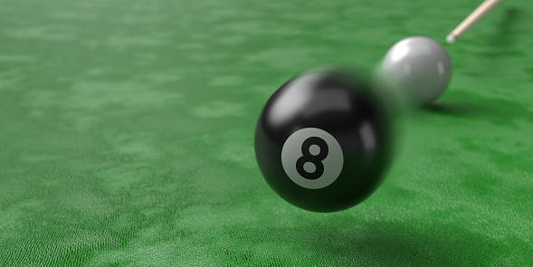 Snooker leisure concept: Snooker cue preparing to hit black number 8 billiard ball over green game pool table background with copy space. Horizontal 3D illustration composition design.