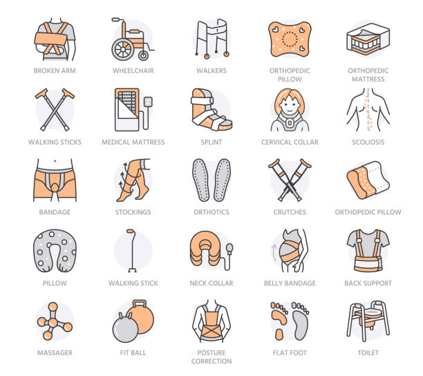 Orthopedic, trauma rehabilitation line icons. Crutches, mattress, pillow, cervical collar, walkers and other medical rehab goods. Health care thin linear signs. Orange color. Editable Stroke Orthopedic, trauma rehabilitation line icons. Crutches, mattress, pillow, cervical collar, walkers and other medical rehab goods. Health care thin linear signs. Orange color. Editable Stroke. bandage arm stock illustrations