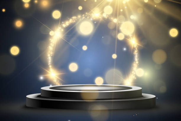 istock Podium, pedestal or platform, illuminated by spotlights in the background. Vector illustration. Bright light. Light from above. Advertising place 1479994305