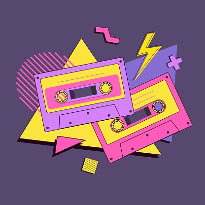 Retro 90s audio cassettes with geometric shapes poster, invitation, social media. Vintage tape vector illustration in 80s style. Back to the 90's, nostalgia