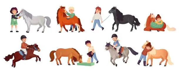 Vector illustration of Kids care horses. Little equestrians riding on ponies, child grooming feed small horse, kid cavalier hug pony, cartoon horseman in equine farm ranch, ingenious vector illustration