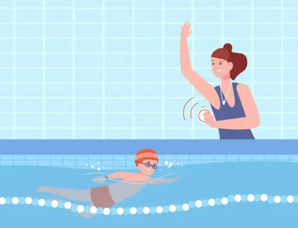 Vector illustration of Swimming coach. Professional swim instructor with stopwatch poolside, child swimmer sportsman training in pool for competition, lesson of woman swimmers teacher vector illustration