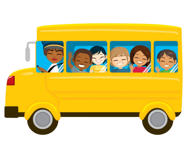 Pupil Kids On Yellow Transport vector art illustration