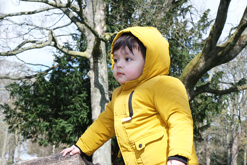 Cute Asian Pakistani Baby Ahmed Mustafain Haider is Enjoying The Beautiful Sunny and Cold Day at Wardown Public Park of Luton Town of England UK. The Baby is Wearing Yellow Trouser with Bright Yellow Hoody Jacket. Low Angle