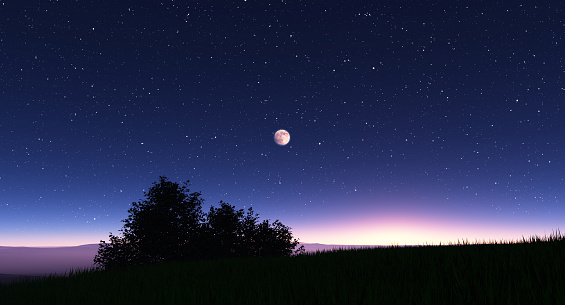 Night landscape with stars and the full moon, 3D illustration
