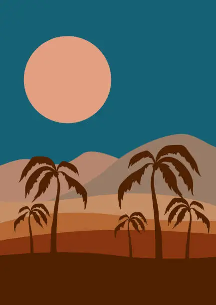 Vector illustration of Desert oasis in midnight minimalistic printable illustration. Dunes and palm