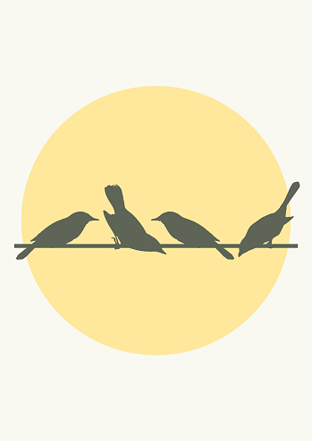Silhouettes of the sitting birds on a wire against the sun. Aesthetic illustration poster. Minimalistic style wall decor. Contemporary artistic print.