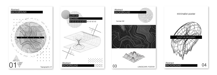 Sci-fi minimalist abstract posters format A4. Concept quantum mechanics, topographic maps, atoms and molecules. Futuristic posters with abstract shapes. Science posters in minimal style. Vector set