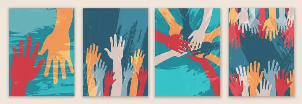 Vector illustration of Creative poster design with raised hands of volunteers. Recruitment volunteer. Non profit.Volunteerism.NGO Aid. Call for volunteers template.Background drawn with paint splash brushes