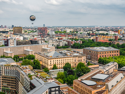 Berlin,Germany, june 15, 2021. Aerial view of Berlin skyline at the center of the city. Top view of roof of houses with glass windows and streets. beautiful view from top