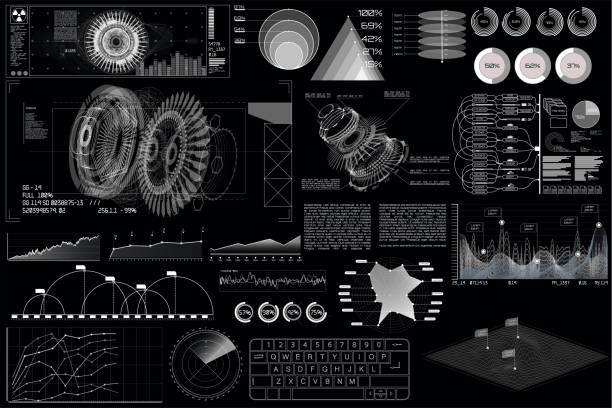 HUD UI future engineering HUD UI future engineering. Vector illustration with circles and geometric parts of the mechanism. Future design. Technology elements: engine, mechanisms, hologram, dashboard, interface in HUD style. computer aided design stock illustrations