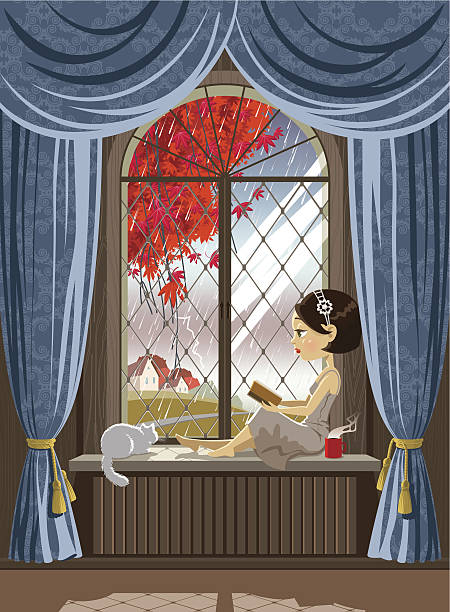 Stormy weather reading Illustration of a girl reading at the window, while the weather is stormy. zills stock illustrations