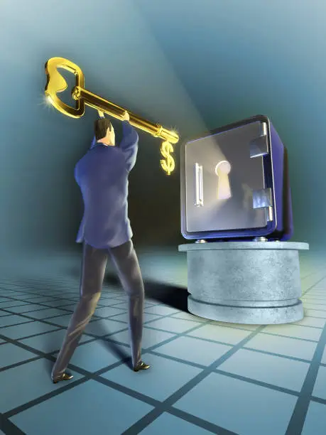 Businessman with a giant golden key is trying to open a safe. Digital illustration, 3D render.