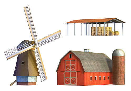 Different examples of rural architecture: windmill, barn and depot. Digital illustration, clipping path included, 3D render.