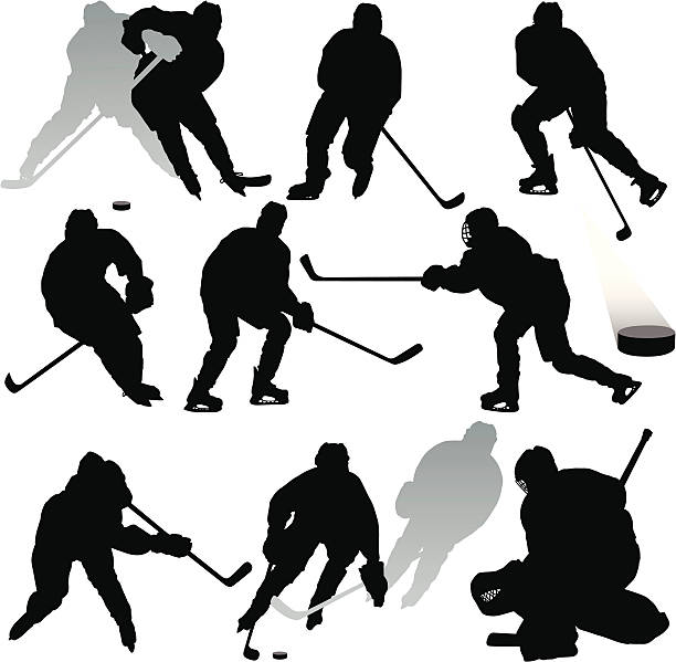 hockey-silhouetten - ice hockey hockey puck playing shooting at goal stock-grafiken, -clipart, -cartoons und -symbole