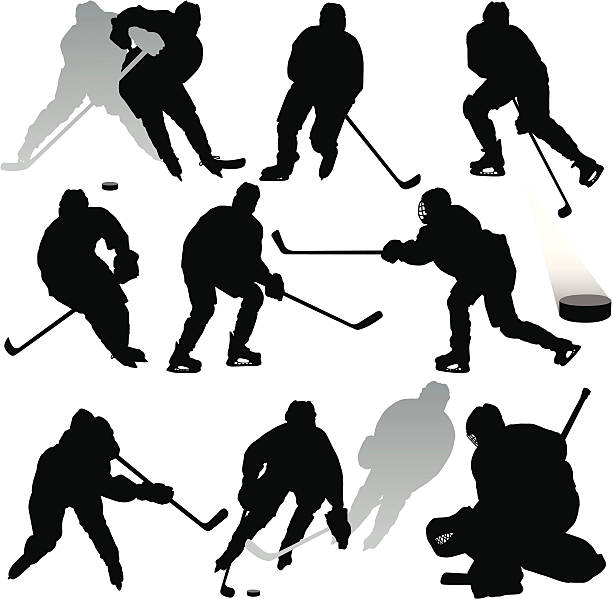ilustraciones, imágenes clip art, dibujos animados e iconos de stock de siluetas de hockey - ice hockey hockey puck playing shooting at goal