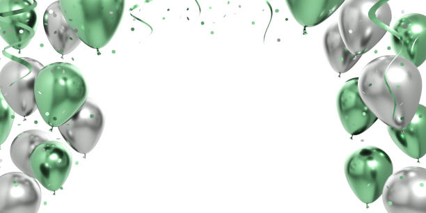 celebration green silver balloons and confetti 3d illustration