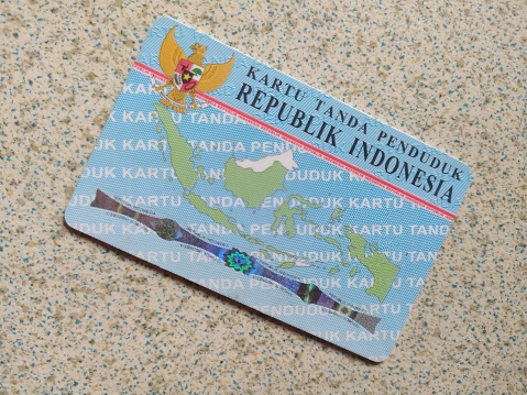 Indonesian identity card or KTP in light blue. Bandung, Indonesia April 4, 2024.