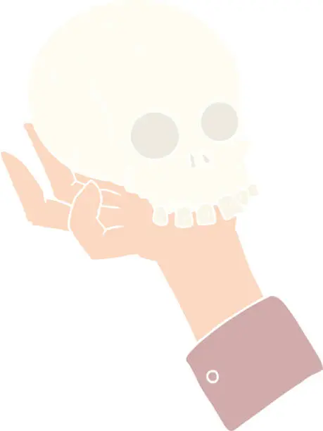 Vector illustration of flat color style cartoon hand holding skull