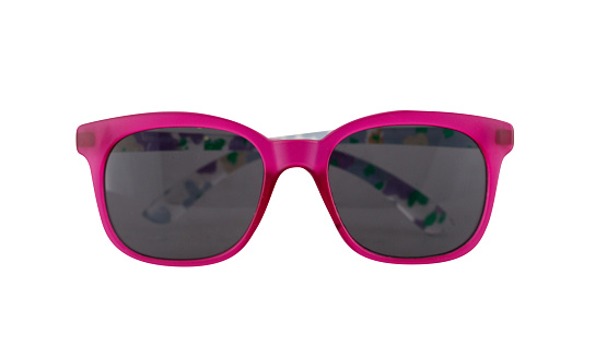 Sunglasses with pink plastic frame and gray glass, white background, cut out, clipping path