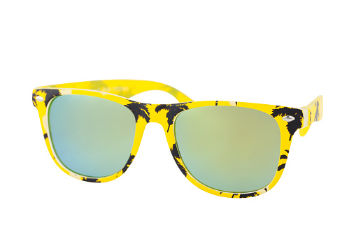 Sunglasses with yellow frame black pattern, white background, clipping path, cut out