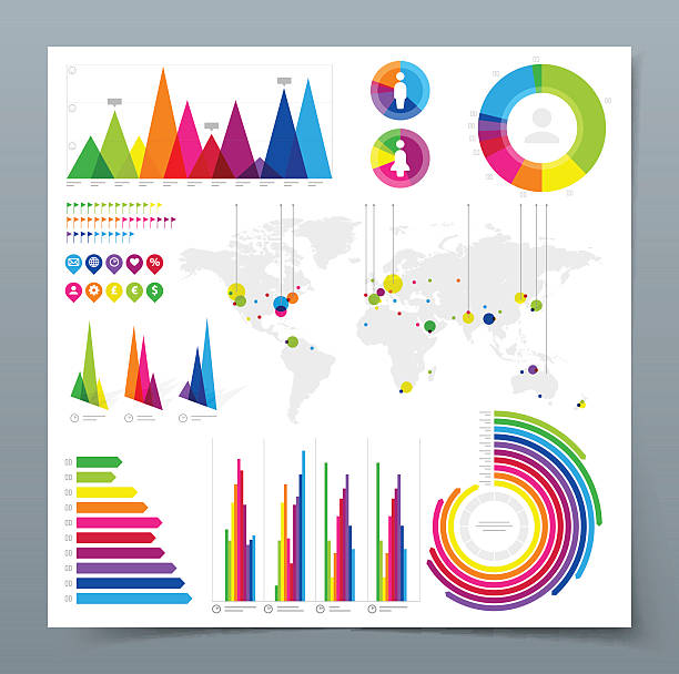 Colorful infographic with multiple charts and graphs Set of modern infographics vector design elements on white page with gray background. Vector illustration with transparency in EPS’10. colorful page borders stock illustrations