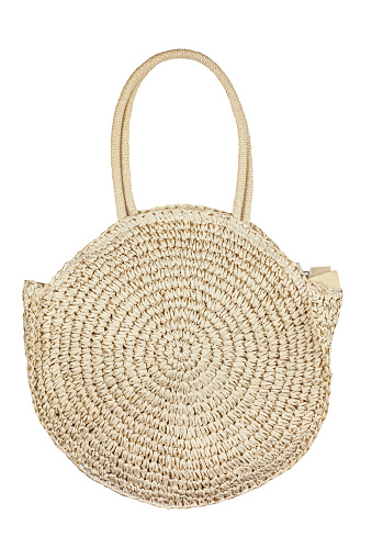 Woven wicker purse with handles, isolated on white, cut out, clipping path