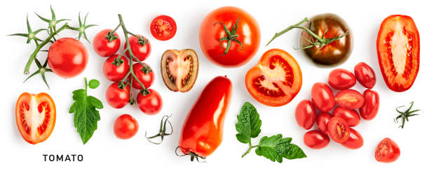 istock Red tomatoes with leaves set isolated on white background 1480015802
