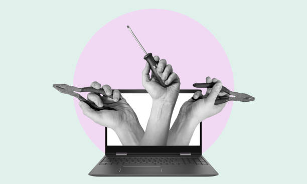 istock Art collage, hands with tools from a laptop on light background with space for text. 1480017444