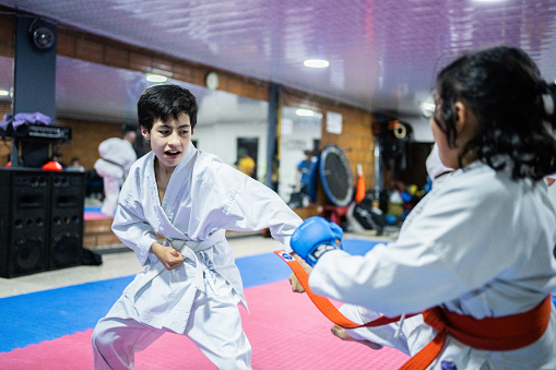 Children kicking and punching during a karate class