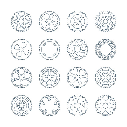Bicycle front sprocket icons set. Bike transmission parts. Gear shift cogwheel. Collection of outline isolated vector illustration